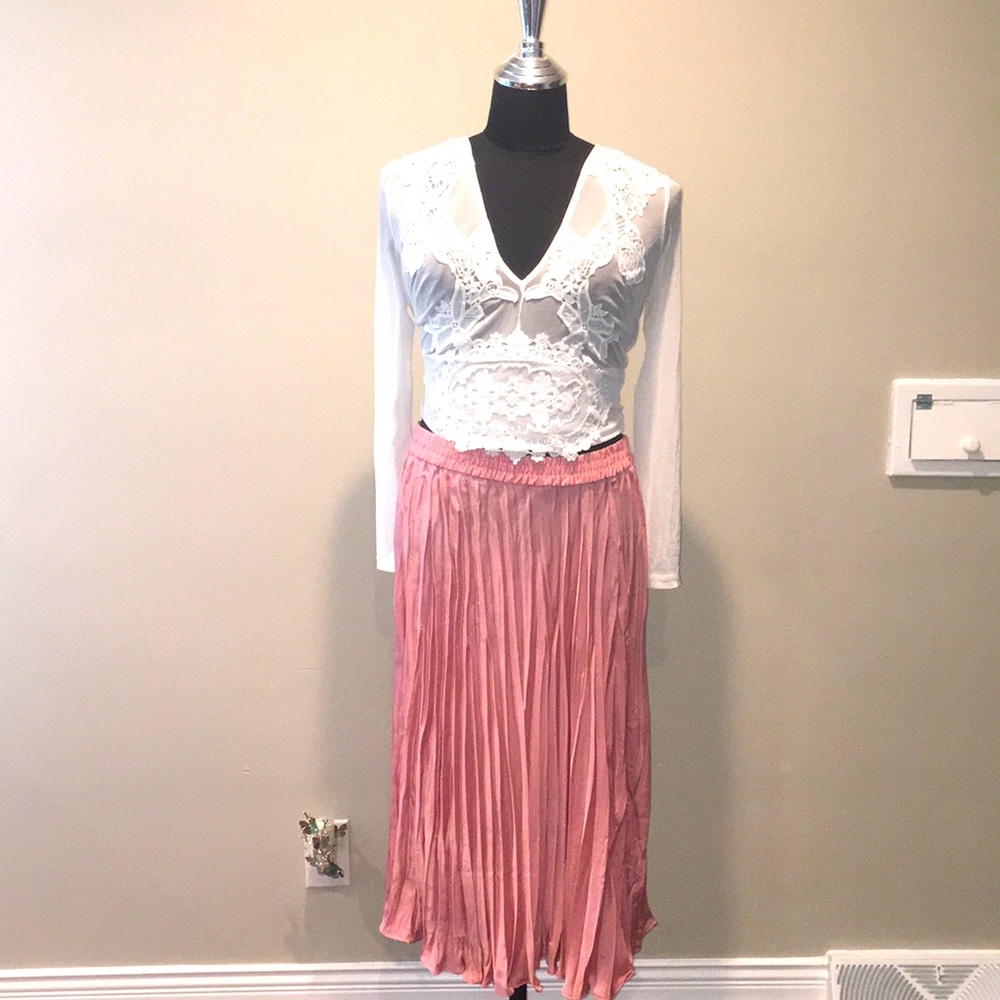 Time and Tru Pink Pleated Midi Skirt